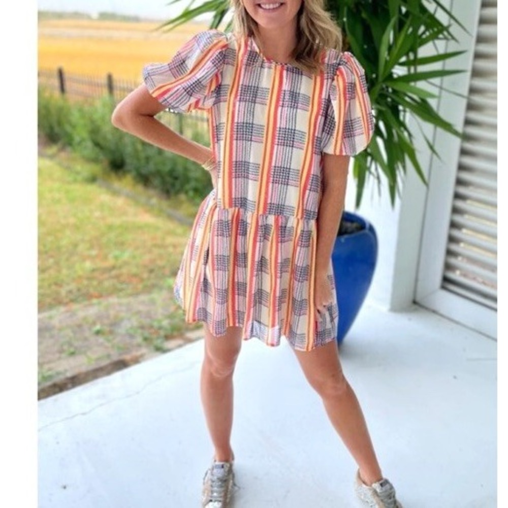 English Factory Plaid Mini Dress in Orange and Blue